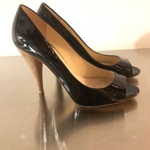 Miu Miu Bla Patent Leather Peep Toe Pump Wood Heel
